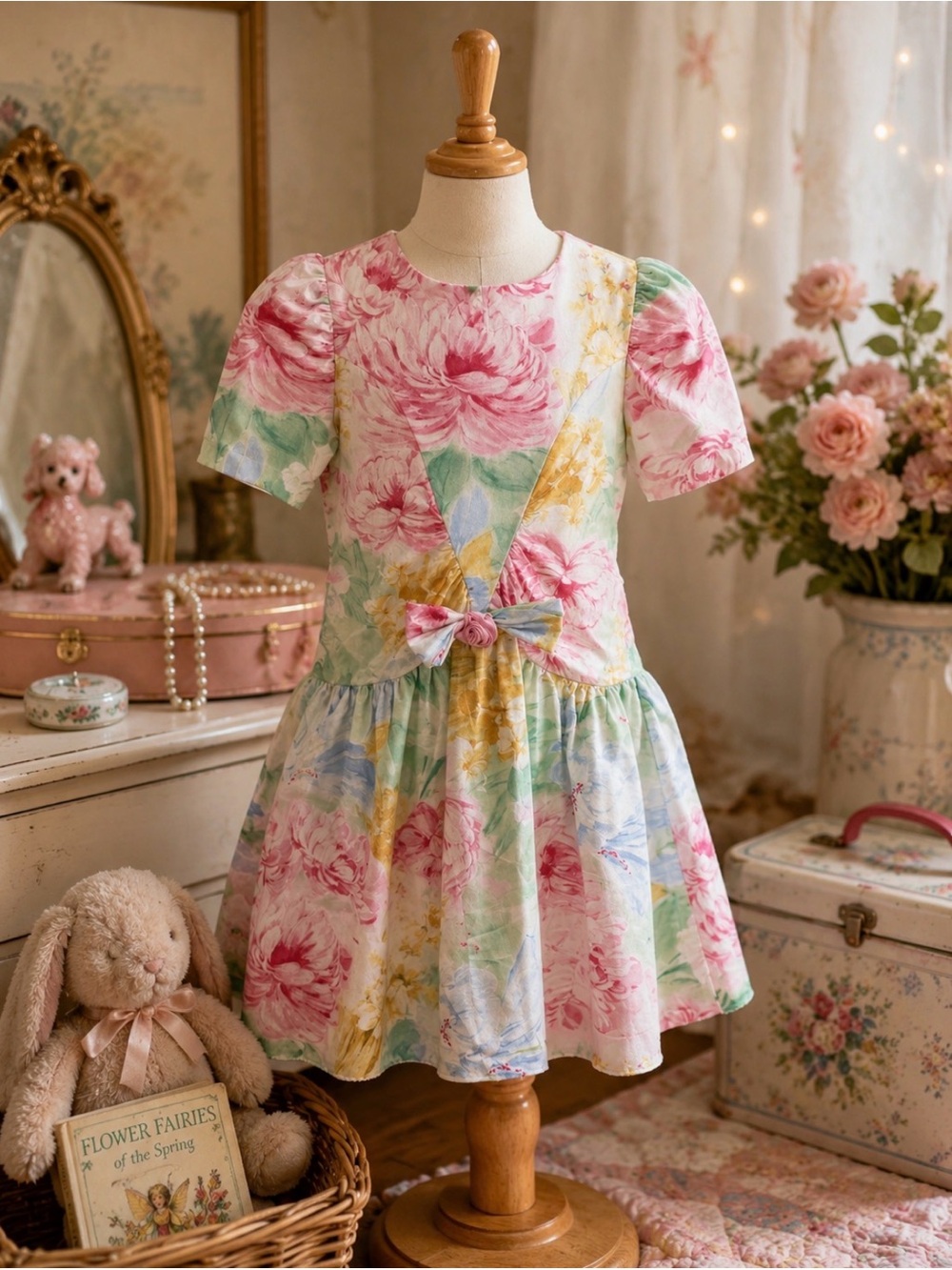 Vintage 90s RARE EDITIONS Girls Size 12 Floral Print Taffeta Party Dress